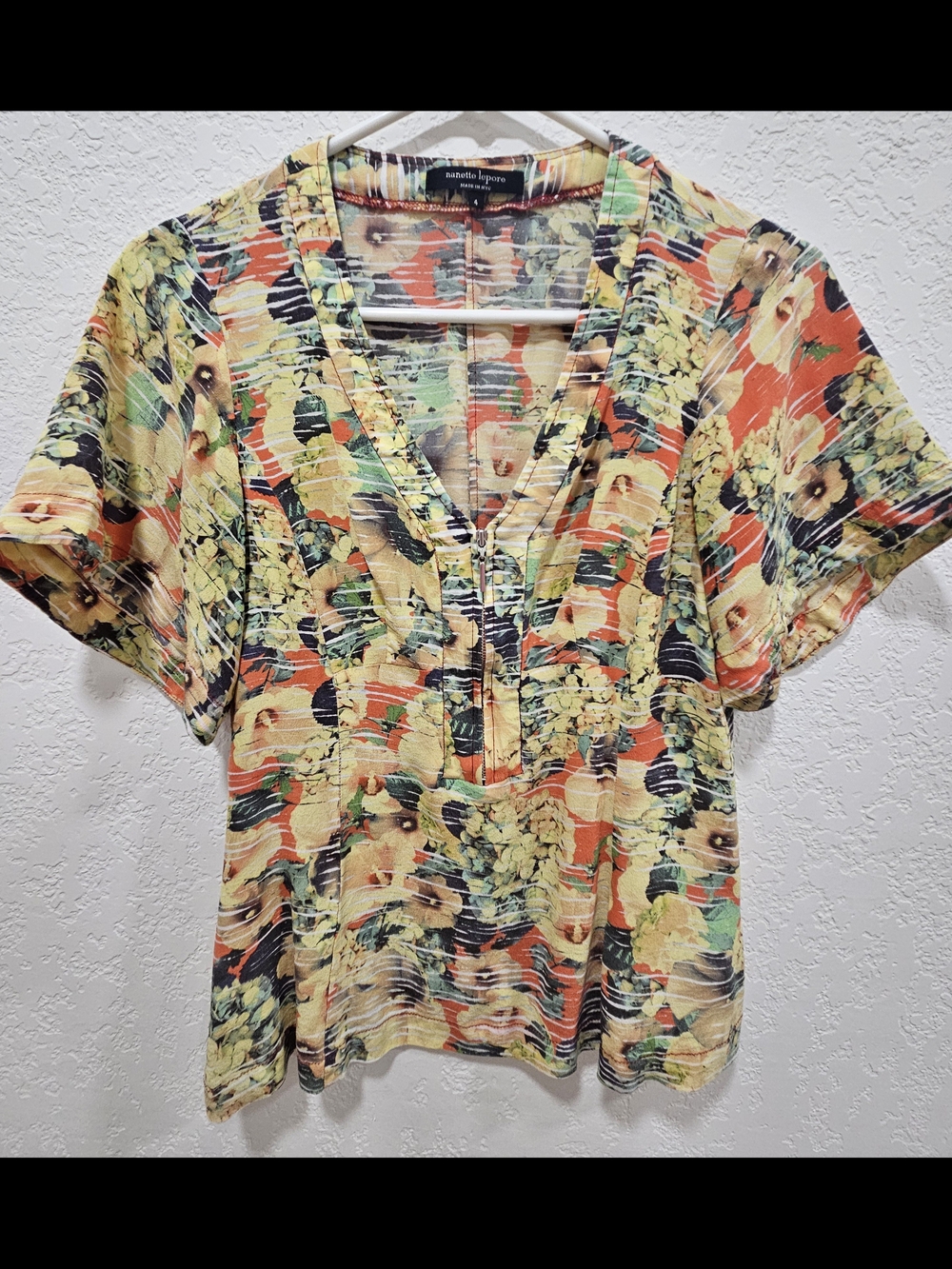 Nanette Lepore Yellow Multicolor V-Neck Floral Print Silk Blouse With Front Zip